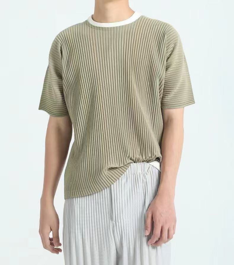 Miyake Garage pleated men's crew neck short sleeve top loose casual five-quarter sleeve solid color summer T-shirt JK020