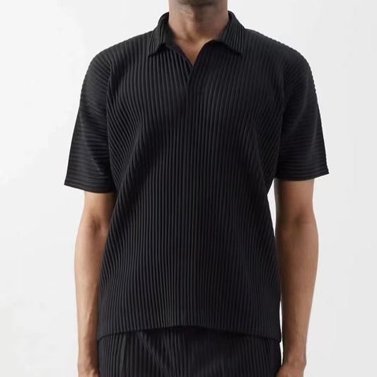 Miyakemen's pleated polo shirt men's short sleeve pressed pleated lapels summer breathable loose casual solid color JM030