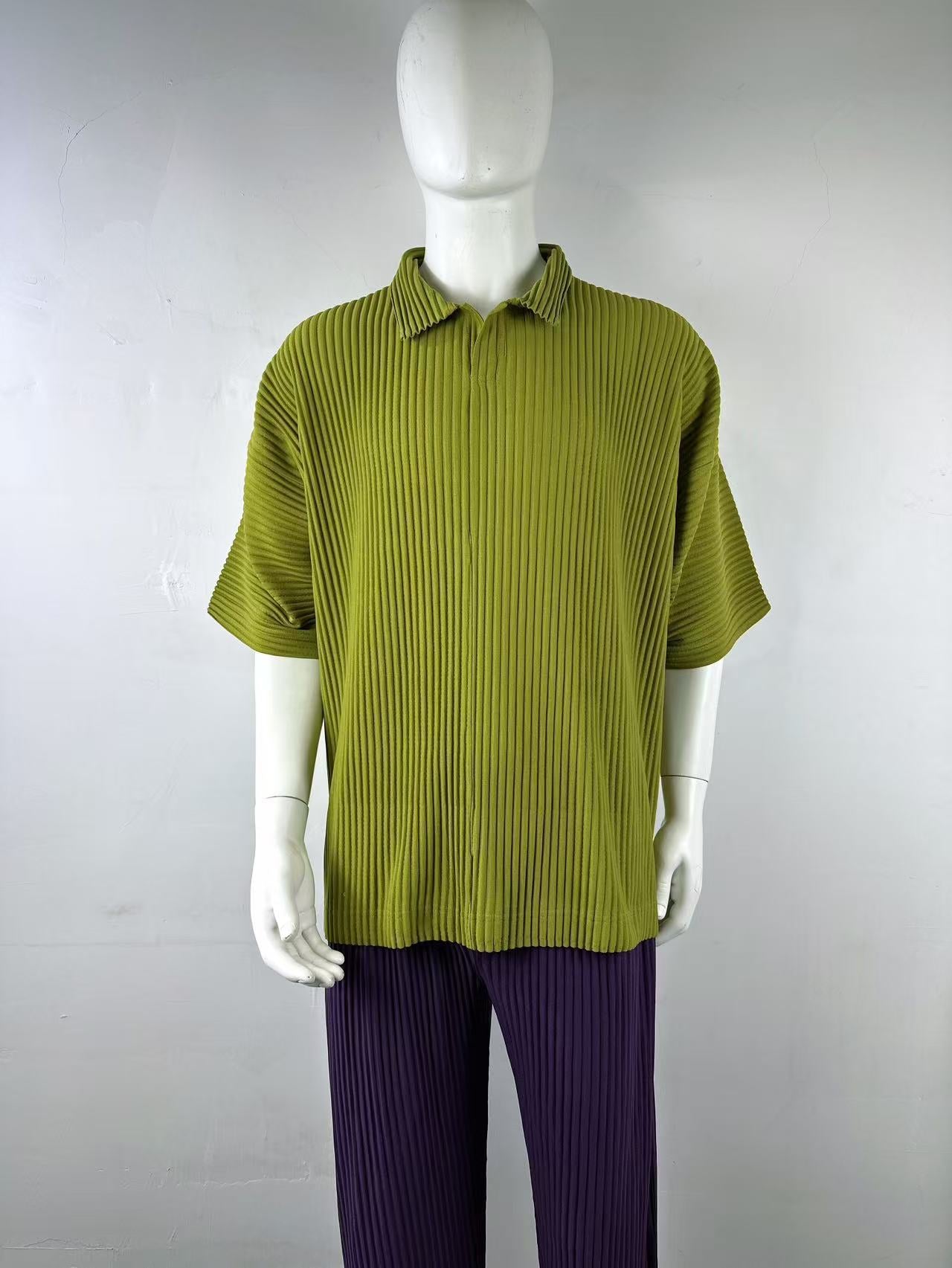 Miyakemen's pleated polo shirt men's short sleeve pressed pleated lapels summer breathable loose casual solid color JM030
