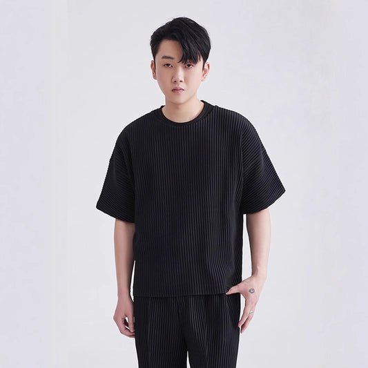 Miyake Garage pleated men's crew neck short sleeve top loose casual five-quarter sleeve solid color summer T-shirt JK020