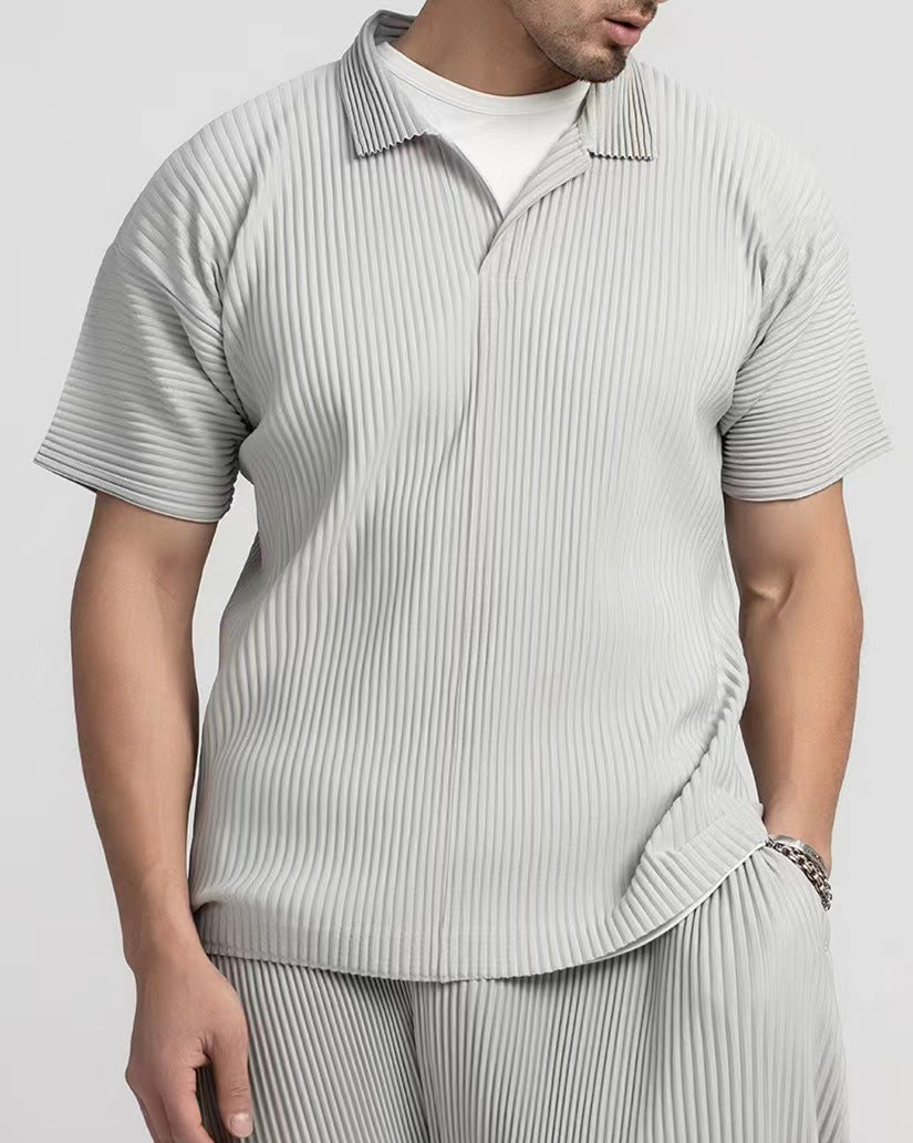 Men’s Pleated Polo Shirt — Miyake-Inspired Minimalist Design, Luxurious Texture, Breathable & Stretchy